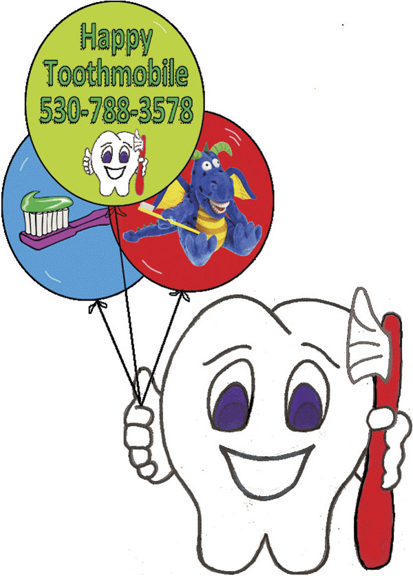 The Happy Tooth illustration holding multi-colored balloons